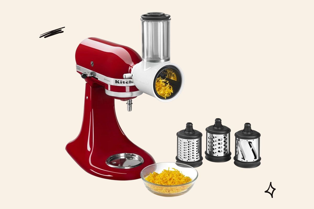 A photo of the KitchenAid slicer and shredder attachment