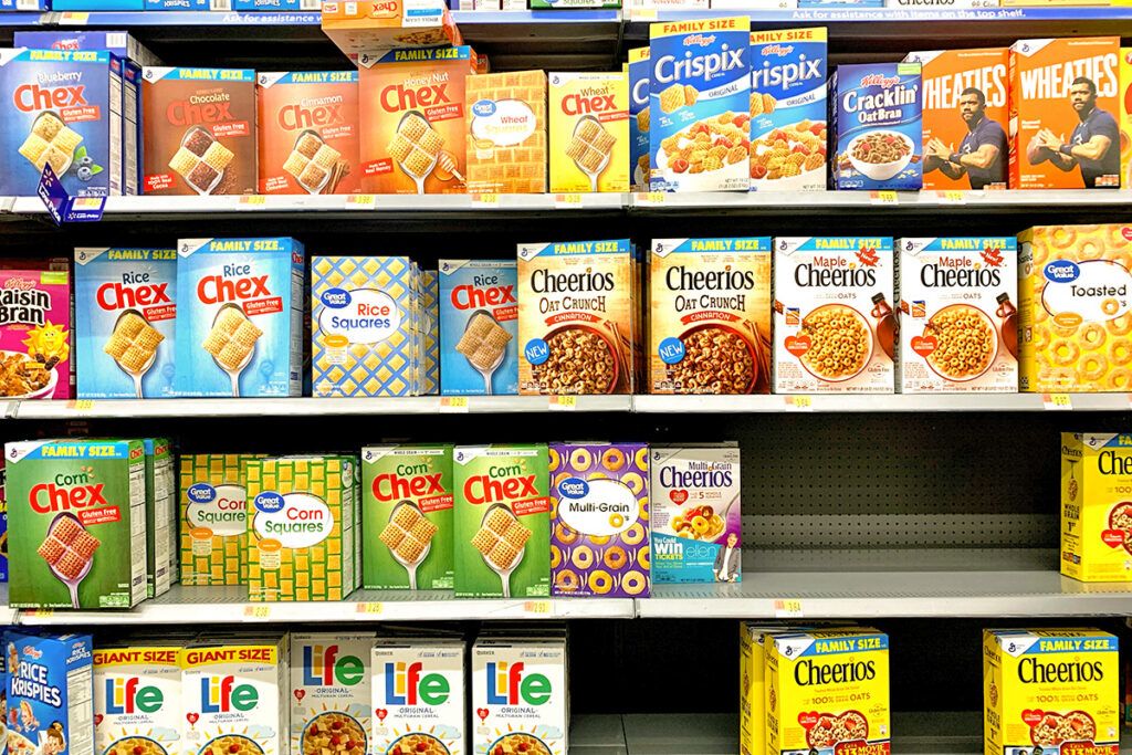 Cereals on a store shelf
