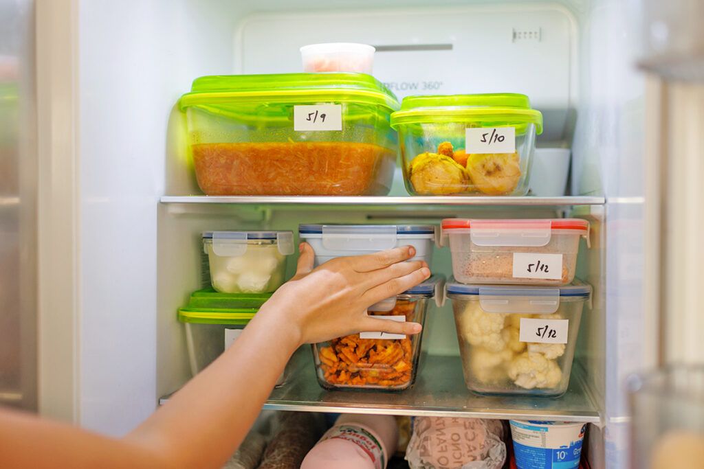 Leftovers in fridge with dates on the containers
