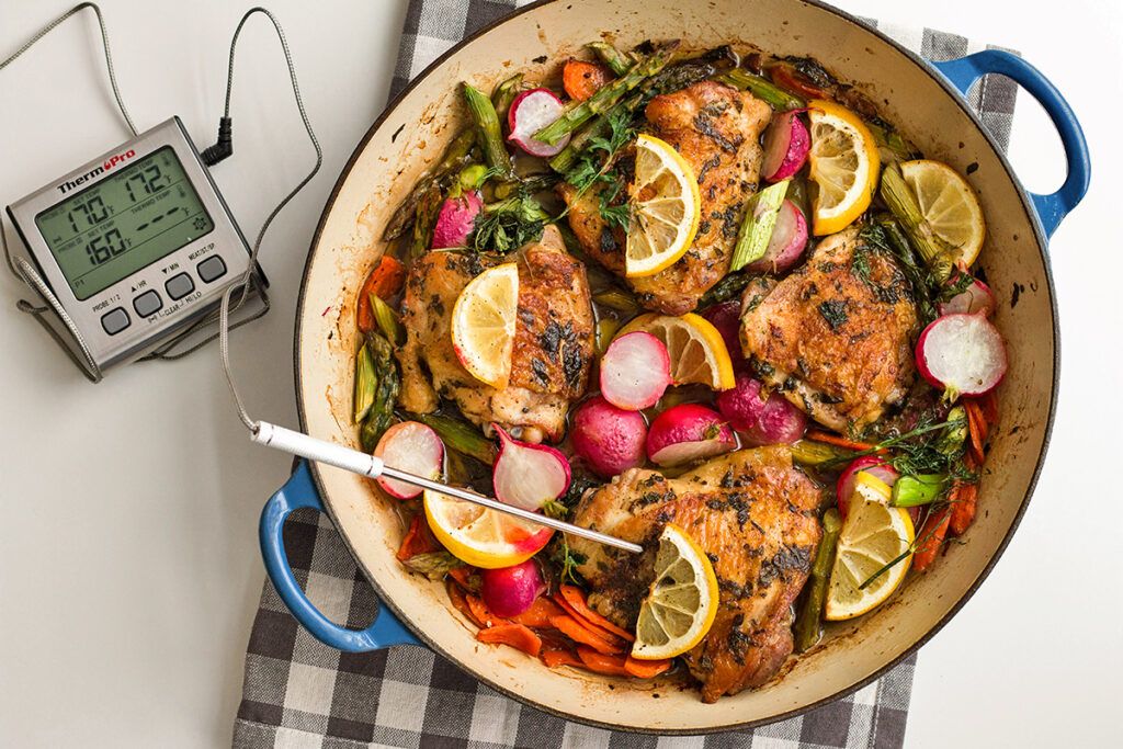 Meat thermometer in chicken dish