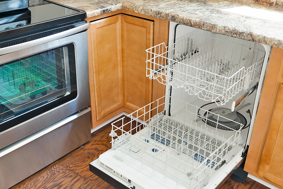 Open, empty dishwasher