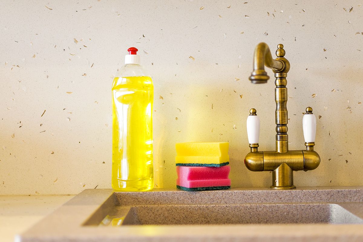 Dish soap next to a sink