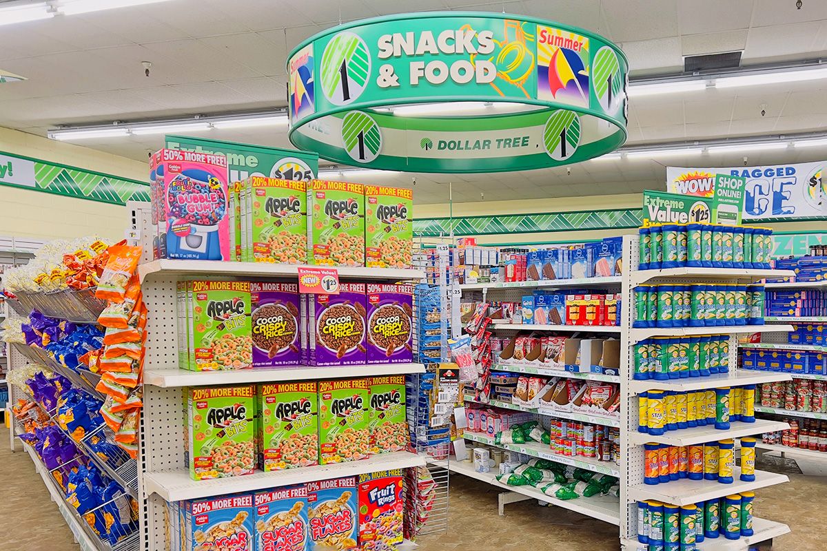 Food on shelves at a Dollar Tree