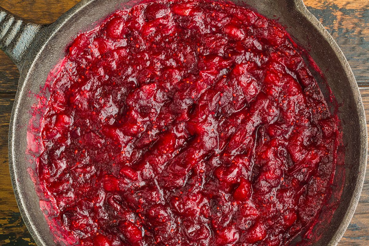 Cranberry sauce in a cast iron skillet