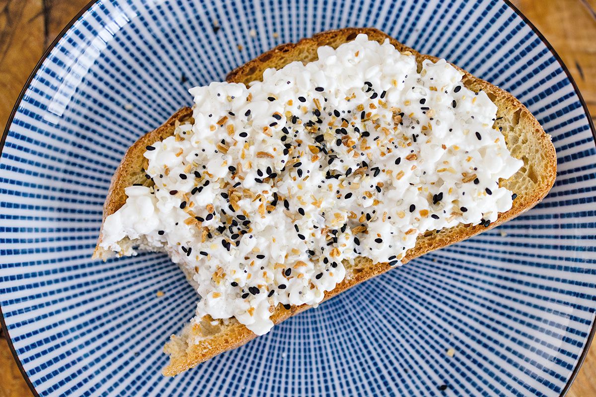 Cottage cheese on toast with everything bagel topping